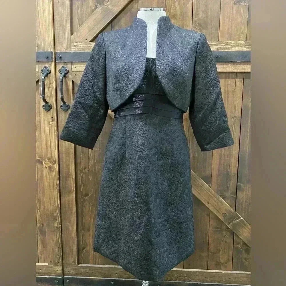 Badgley Mischka Black MetallicTextured Sleeveless Dress with Bolo Jacket Size 8